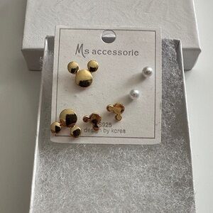 Kids Gold Mickey-Style Stud Earring Set with White Pearl Accent